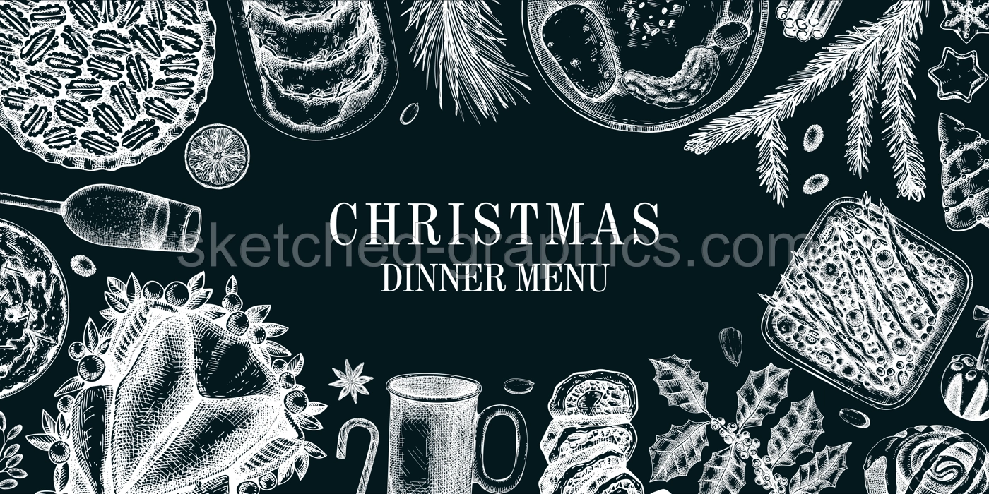 Christmas food background. Family dinner. Winter holiday menu. Traditional food design elements. Food and drink sketches set. Hand drawn vector illustration. Vintage banner template Illustration